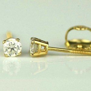 Solid 14k Yellow Gold Round Diamond Stud Earring with Screw Back